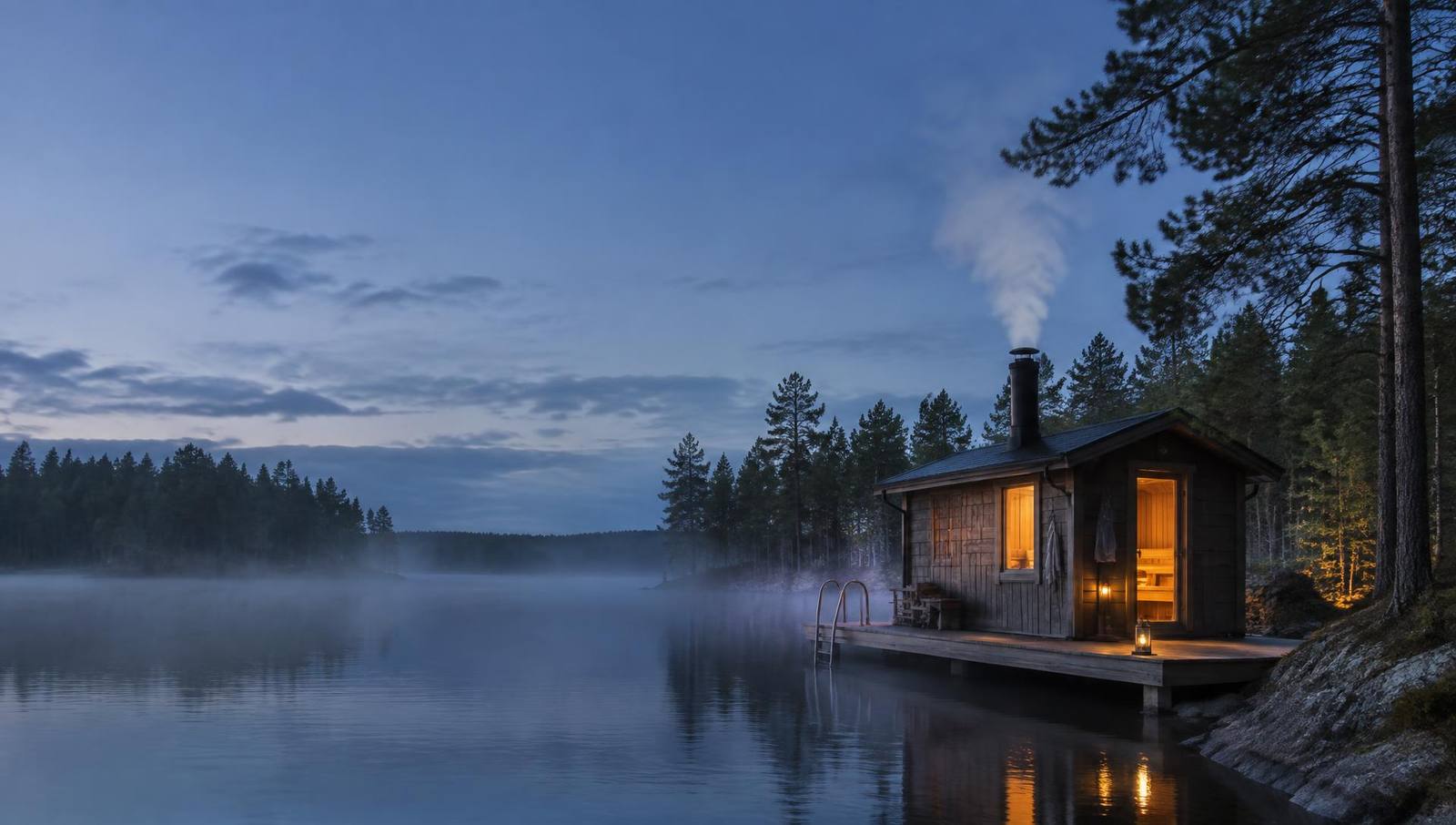 A wooden lakeside sauna at dusk with steam rising